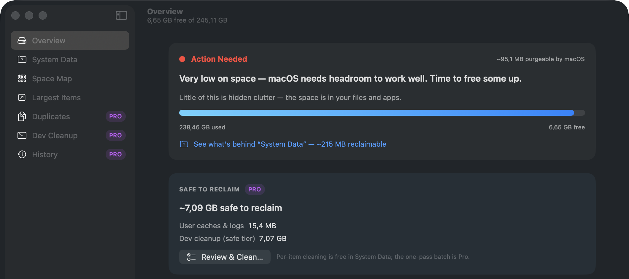 Real screenshot of SwoopByte Disk's Overview: a plain-language free-space verdict and a Safe to Reclaim card